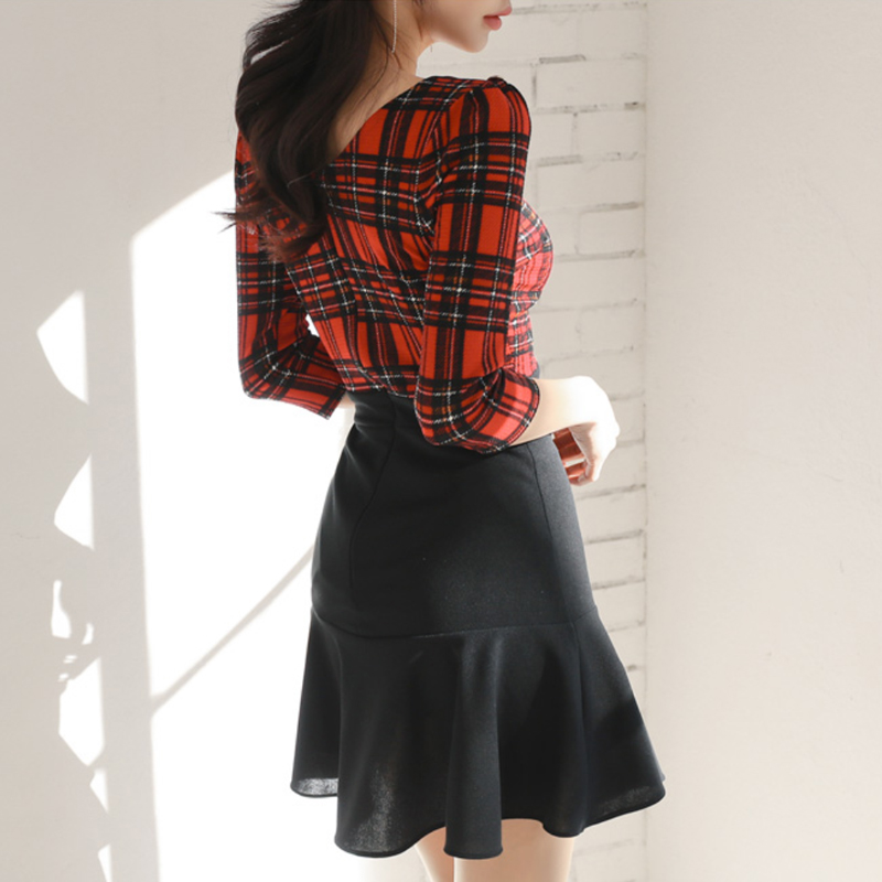 Plaid slim high elastic Korean style U-neck dress for women