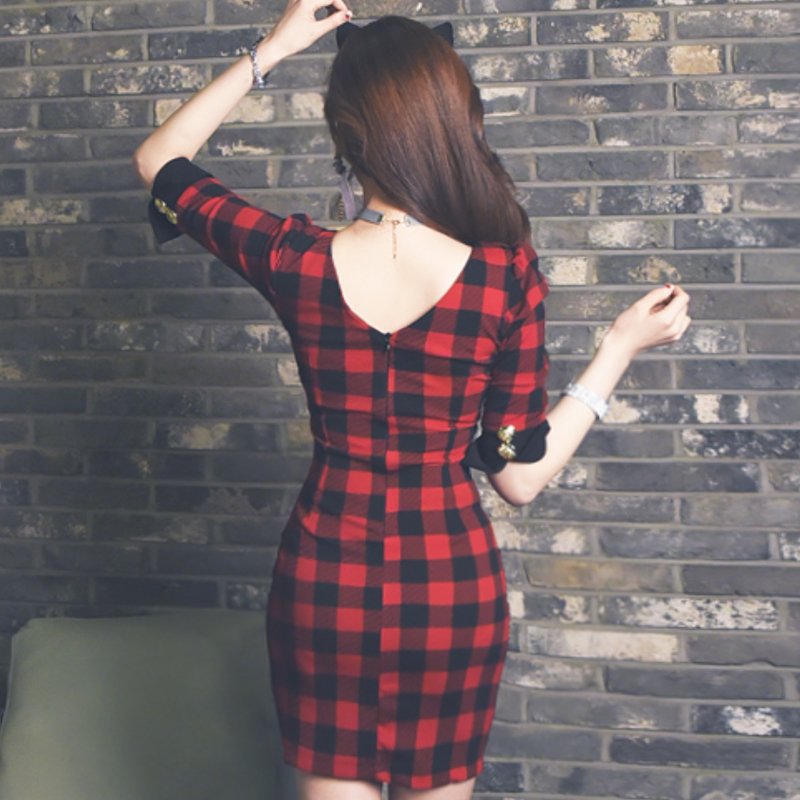 Plaid splice slim Korean style dress for women