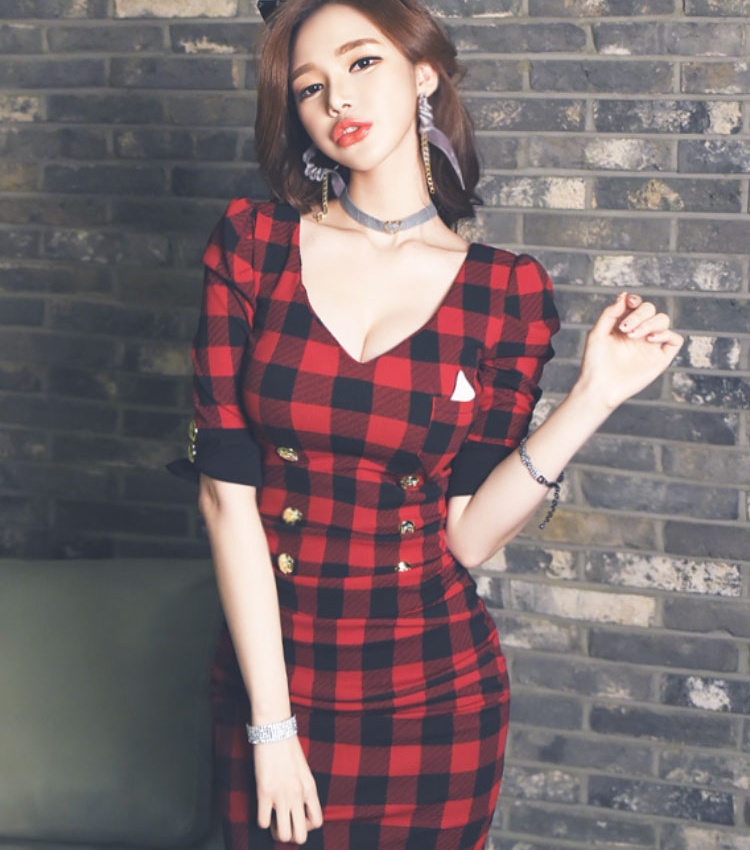 Plaid splice slim Korean style dress for women