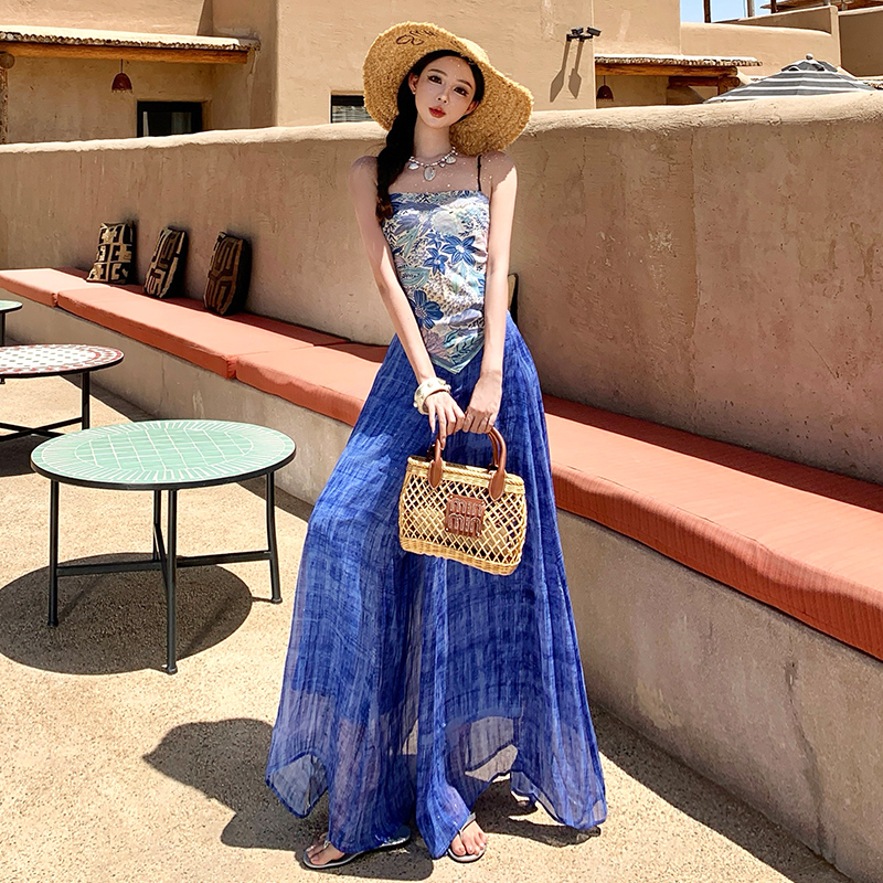 Blooming tops wide leg pants 2pcs set for women