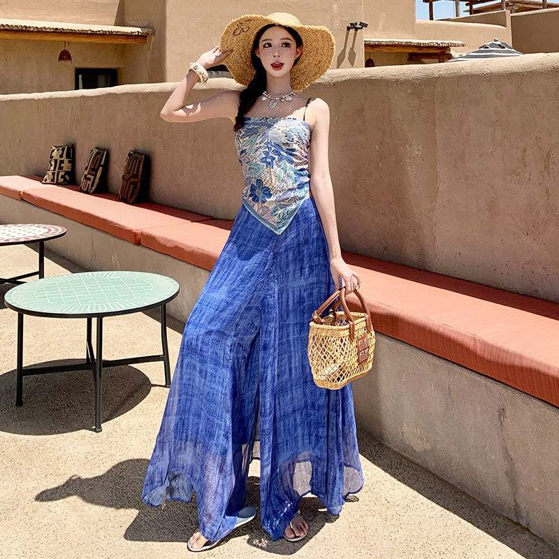 Blooming tops wide leg pants 2pcs set for women