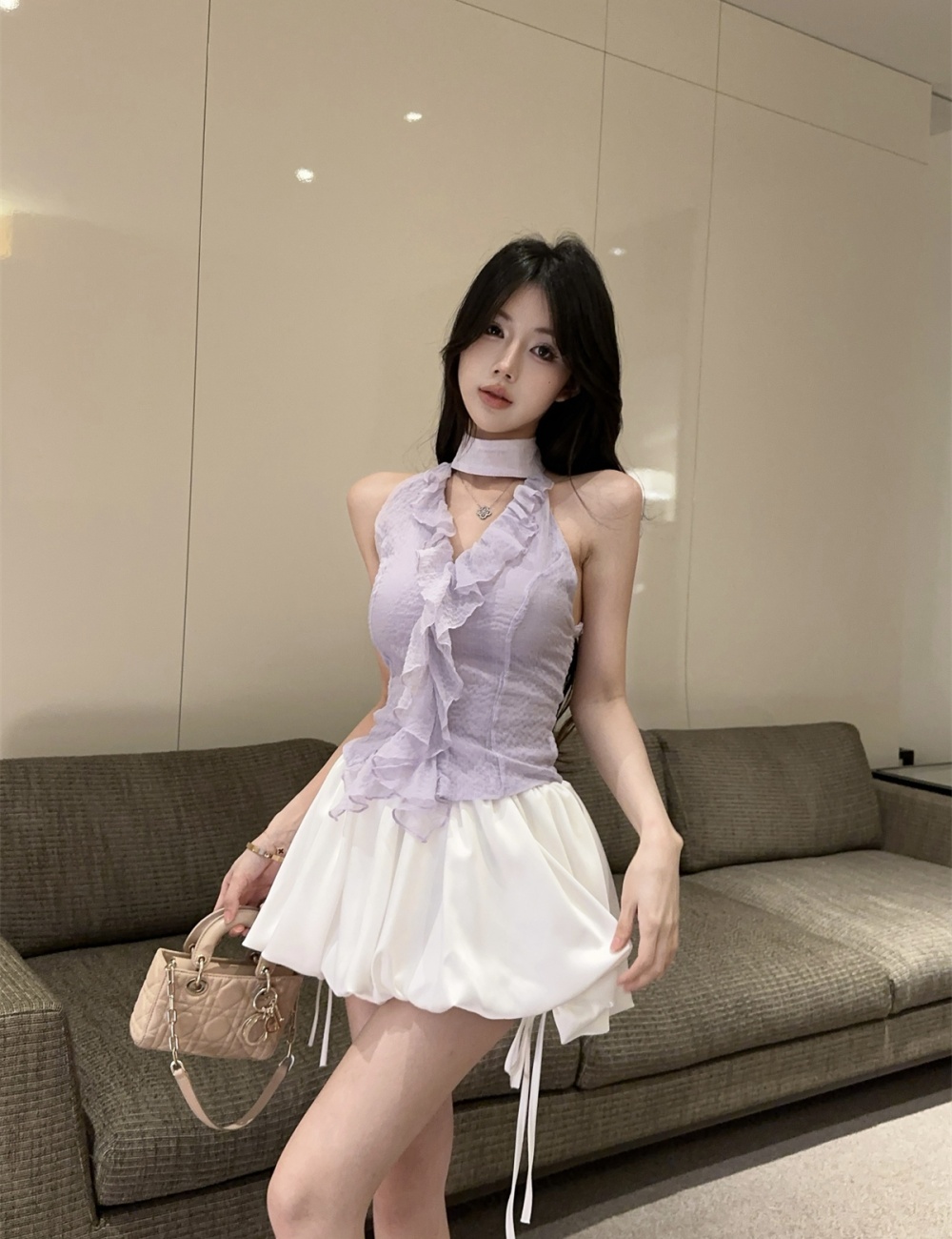Chiffon puff skirt tops a set for women