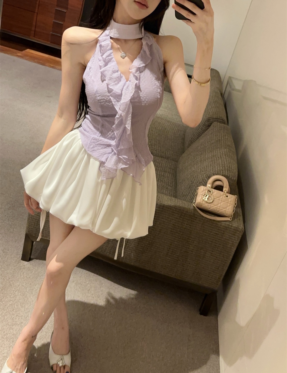 Chiffon puff skirt tops a set for women