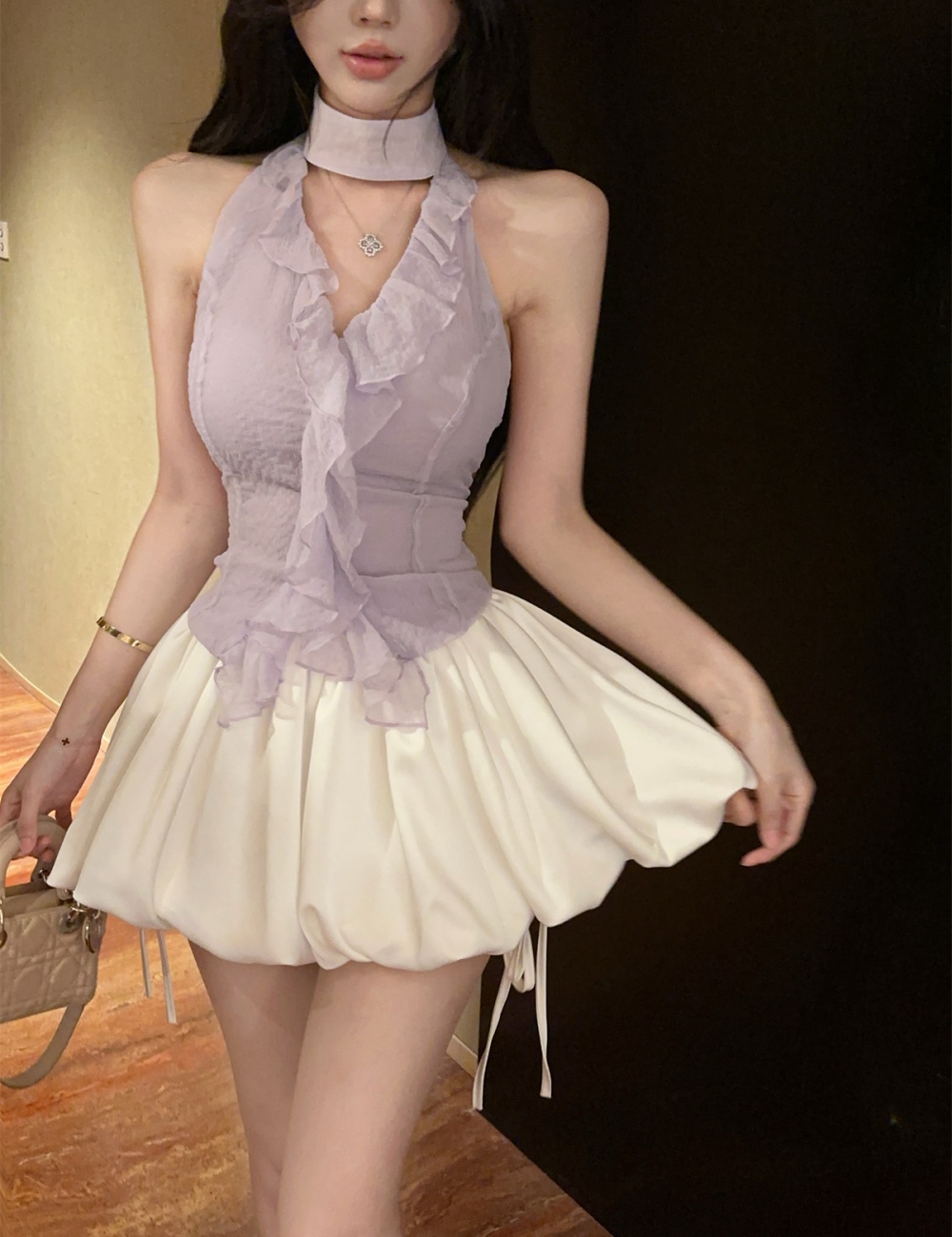 Chiffon puff skirt tops a set for women