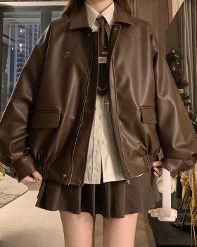 Fashionable autumn student leather coat brown couples jacket