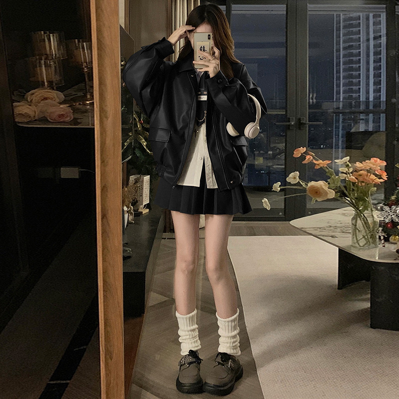 Fashionable autumn student leather coat brown couples jacket