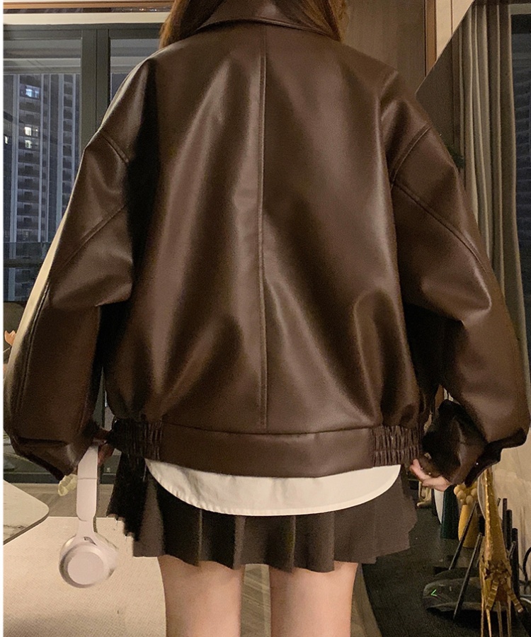 Fashionable autumn student leather coat brown couples jacket