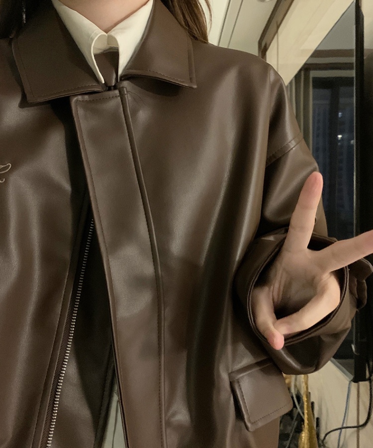 Fashionable autumn student leather coat brown couples jacket