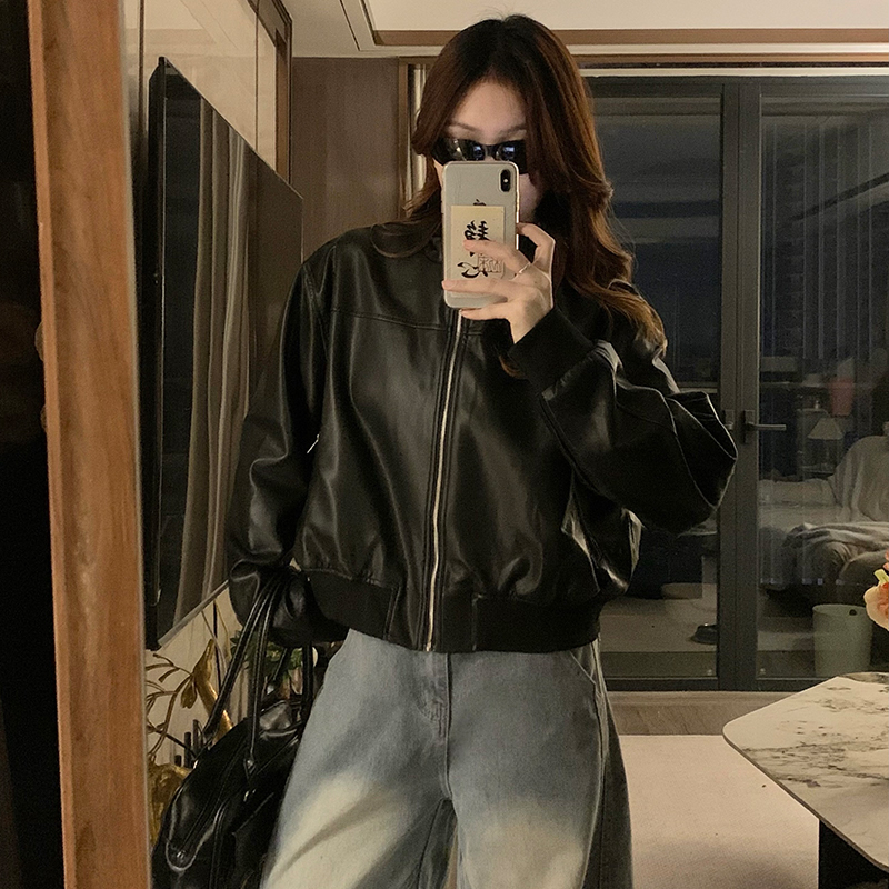 College style locomotive jacket loose leather coat for women