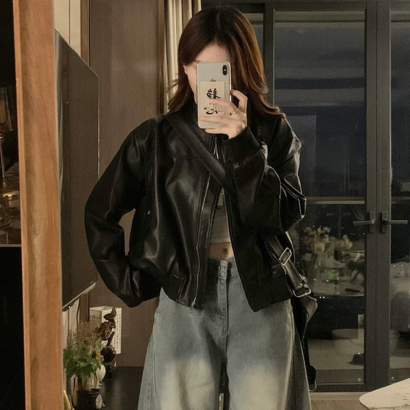 College style locomotive jacket loose leather coat for women