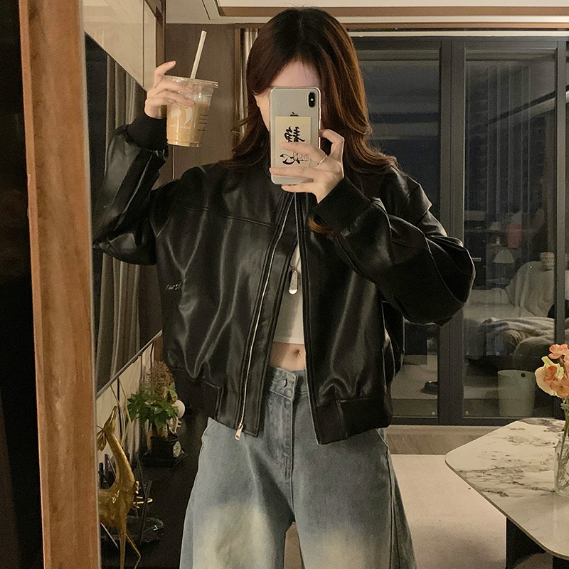 College style locomotive jacket loose leather coat for women
