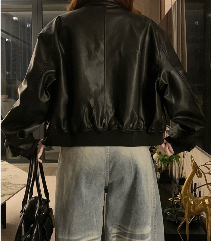 College style locomotive jacket loose leather coat for women