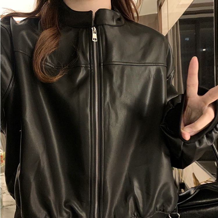 College style locomotive jacket loose leather coat for women