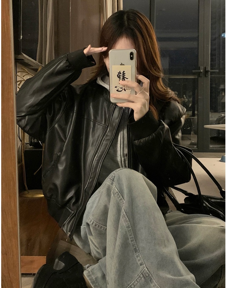 College style locomotive jacket loose leather coat for women