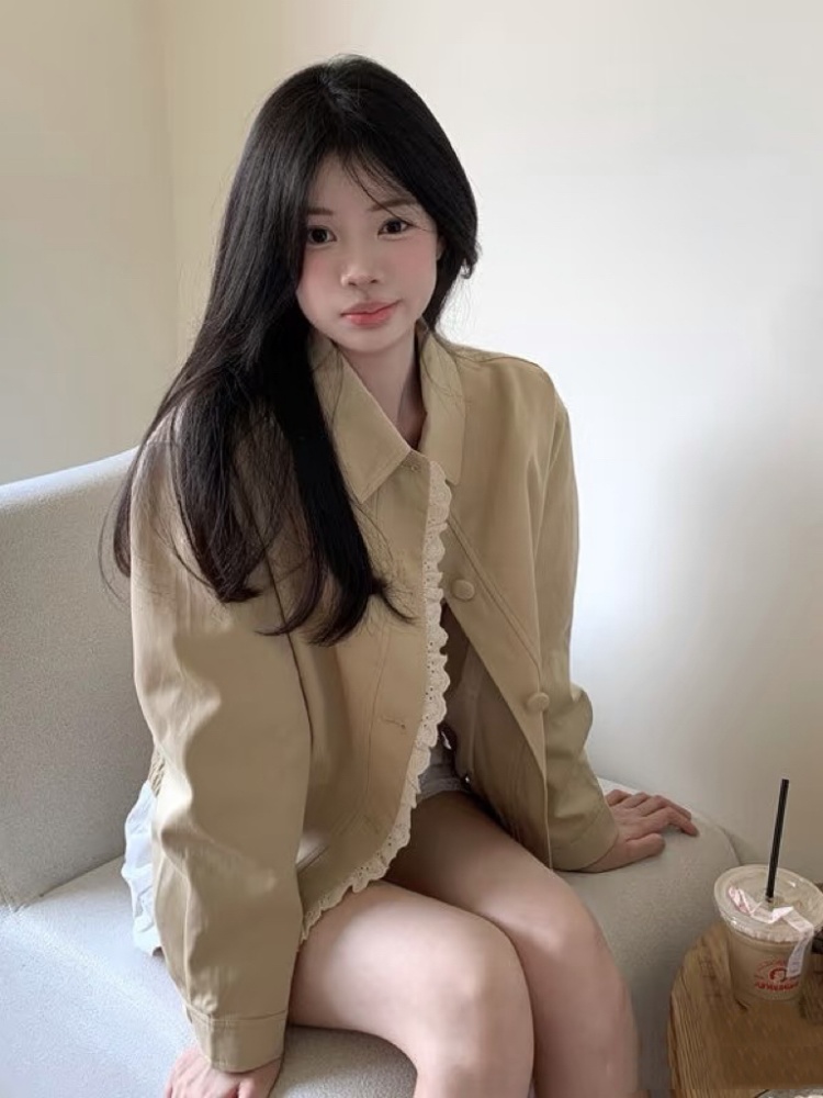 Short lace long sleeve jacket autumn splice coat
