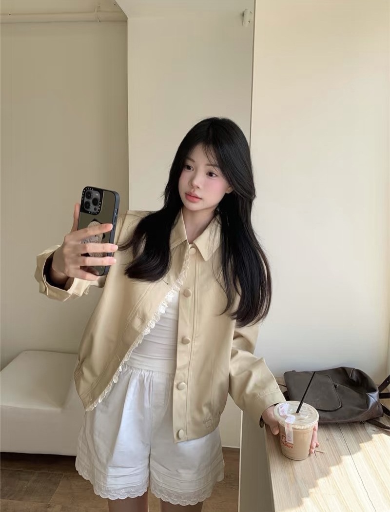 Short lace long sleeve jacket autumn splice coat
