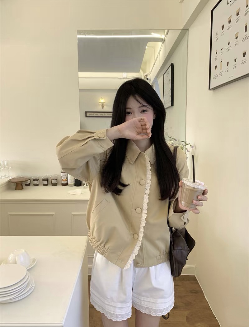 Short lace long sleeve jacket autumn splice coat