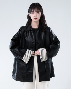 Autumn black Casual jacket loose PU tops for women