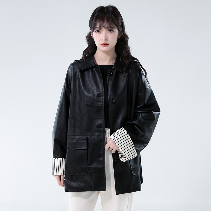 Autumn black Casual jacket loose PU tops for women