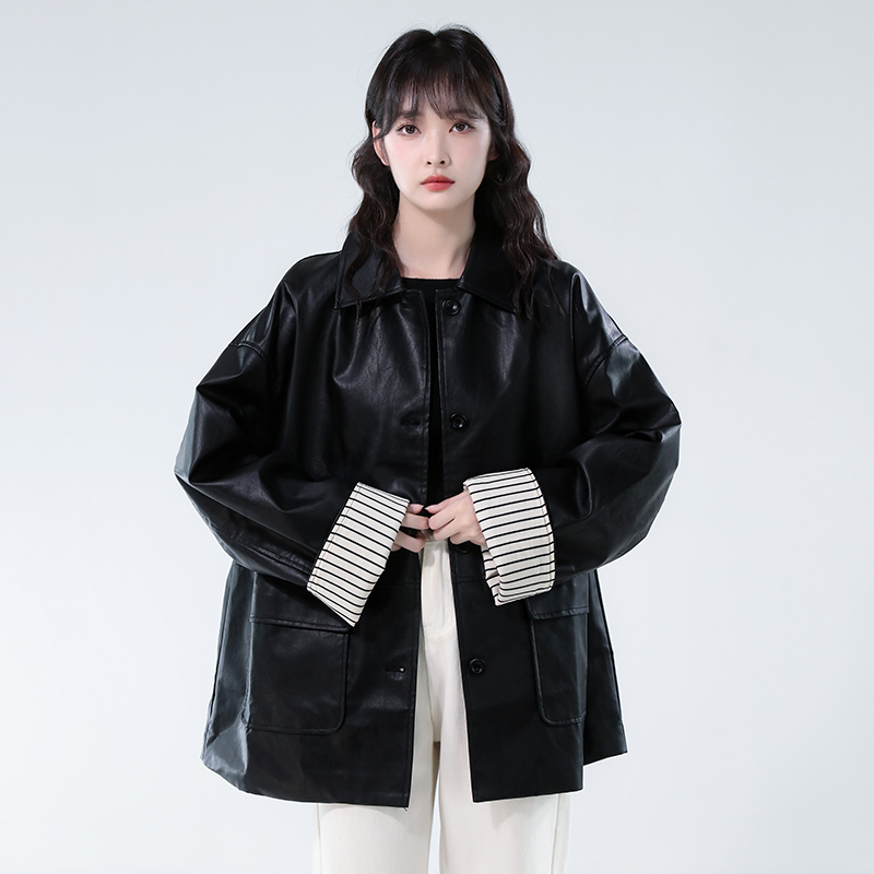 Autumn black Casual jacket loose PU tops for women