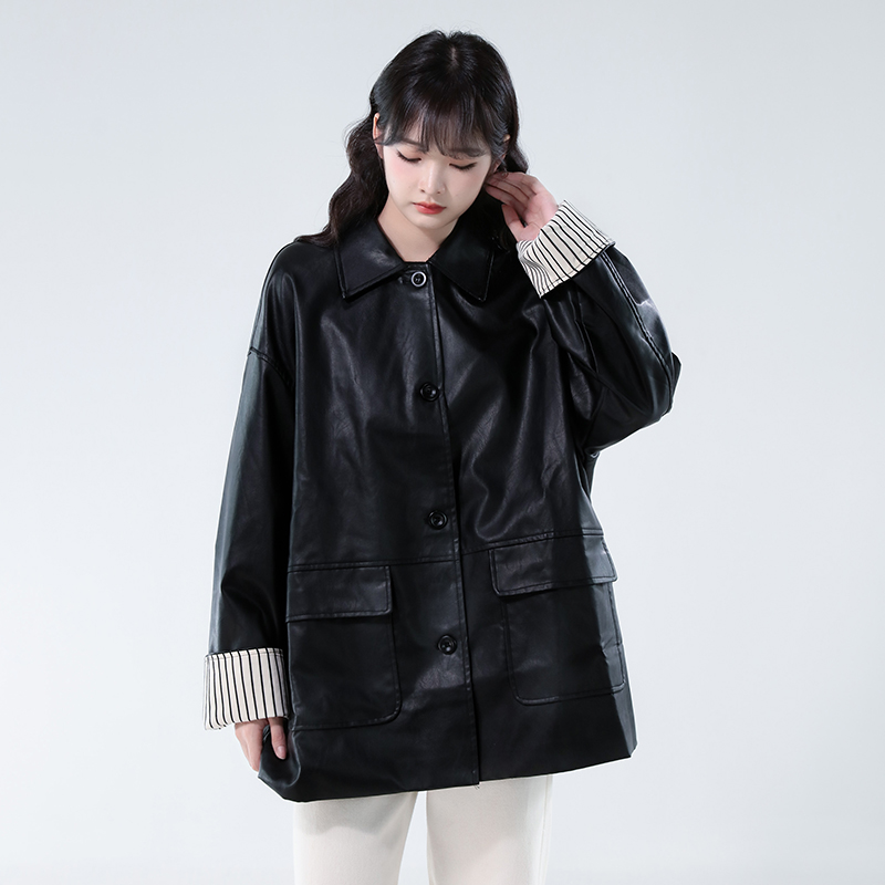 Autumn black Casual jacket loose PU tops for women