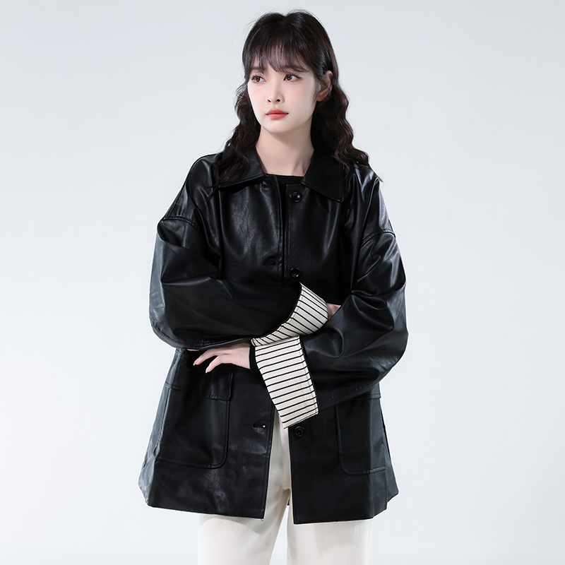Autumn black Casual jacket loose PU tops for women