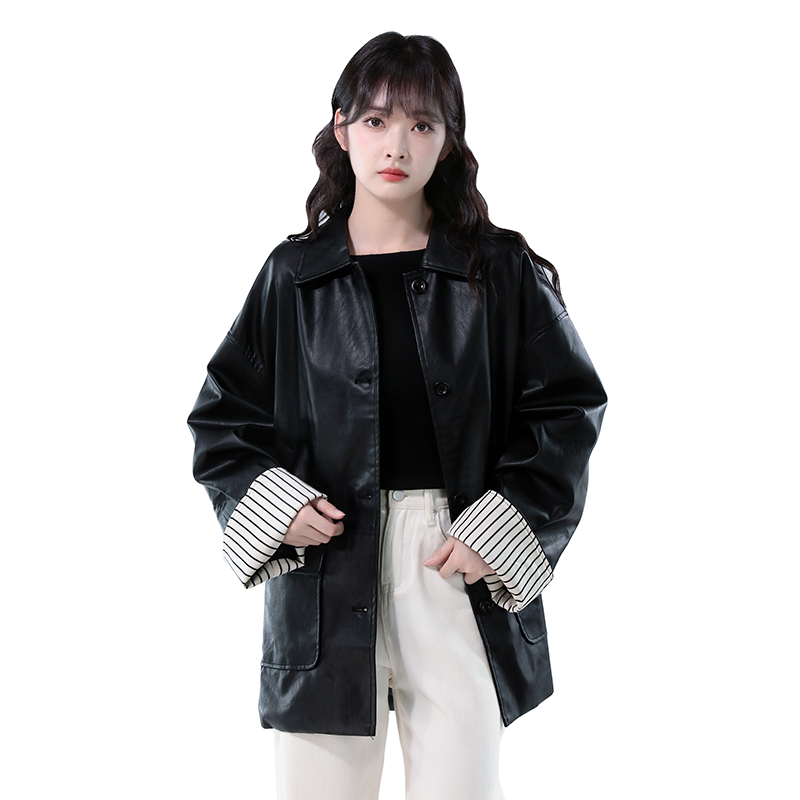 Autumn black Casual jacket loose PU tops for women
