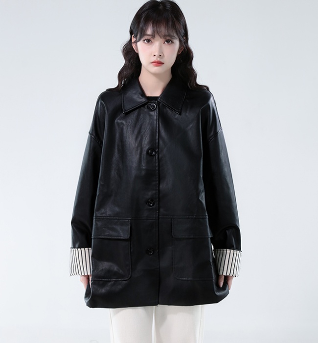 Autumn black Casual jacket loose PU tops for women