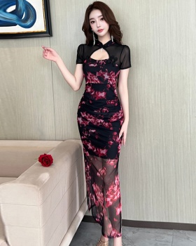 Fashion retro evening dress floral package hip dress
