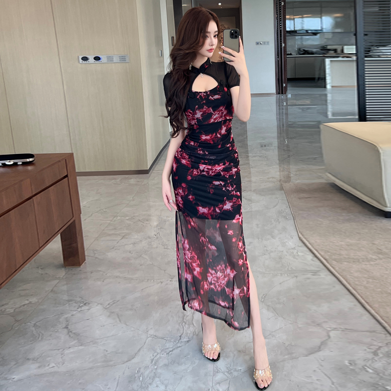 Fashion retro evening dress floral package hip dress