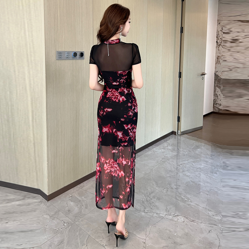 Fashion retro evening dress floral package hip dress