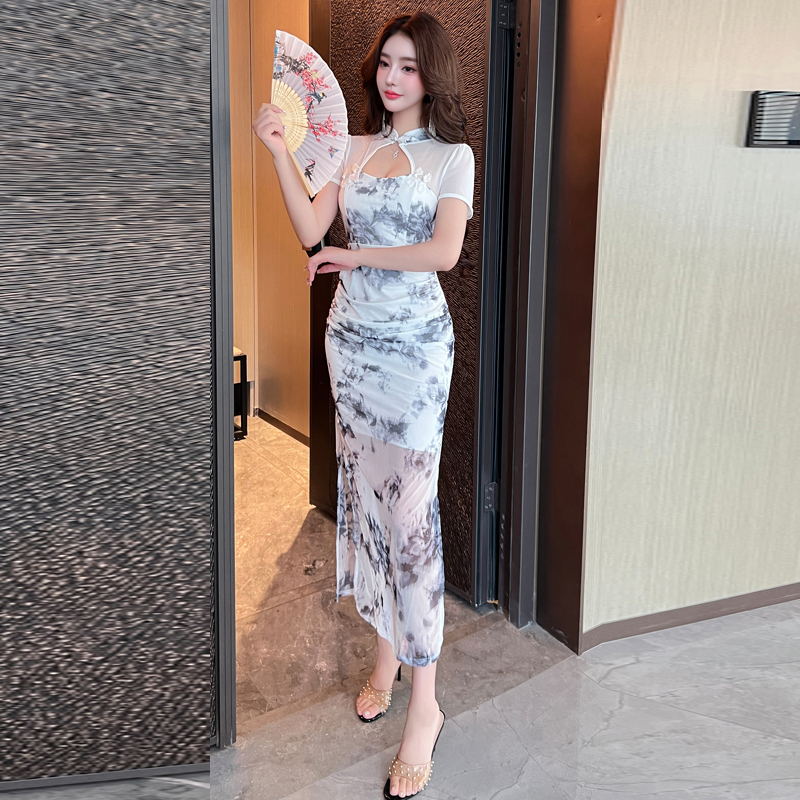 Fashion retro evening dress floral package hip dress