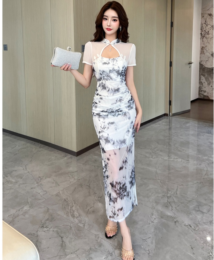 Fashion retro evening dress floral package hip dress