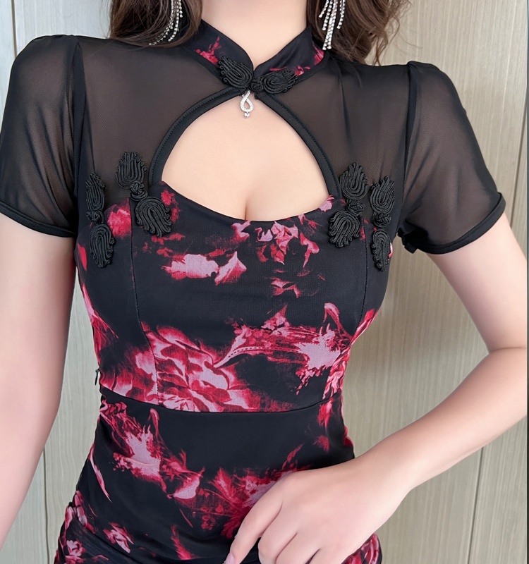 Fashion retro evening dress floral package hip dress