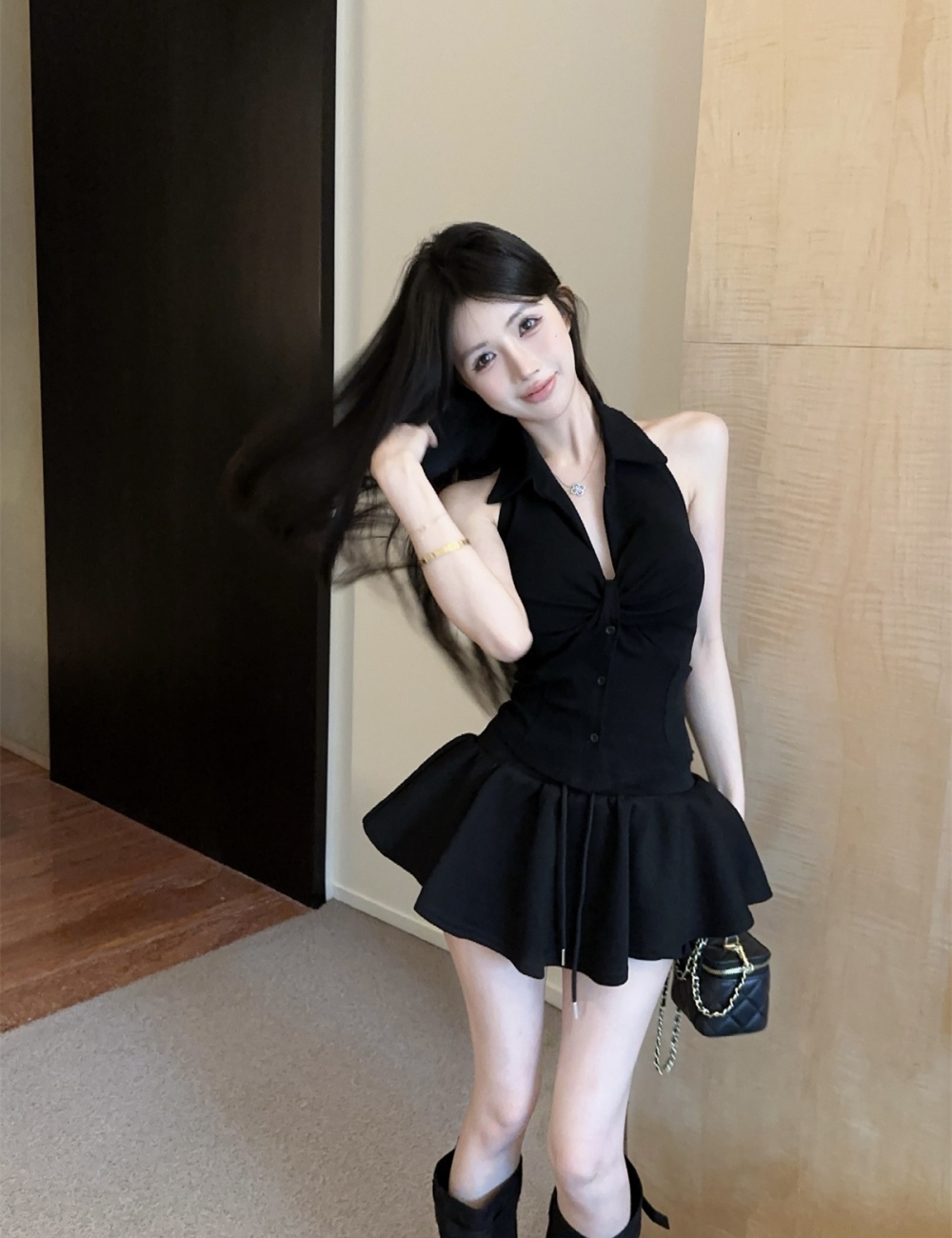 Sleeveless fashion tops V-neck halter shirt 2pcs set for women