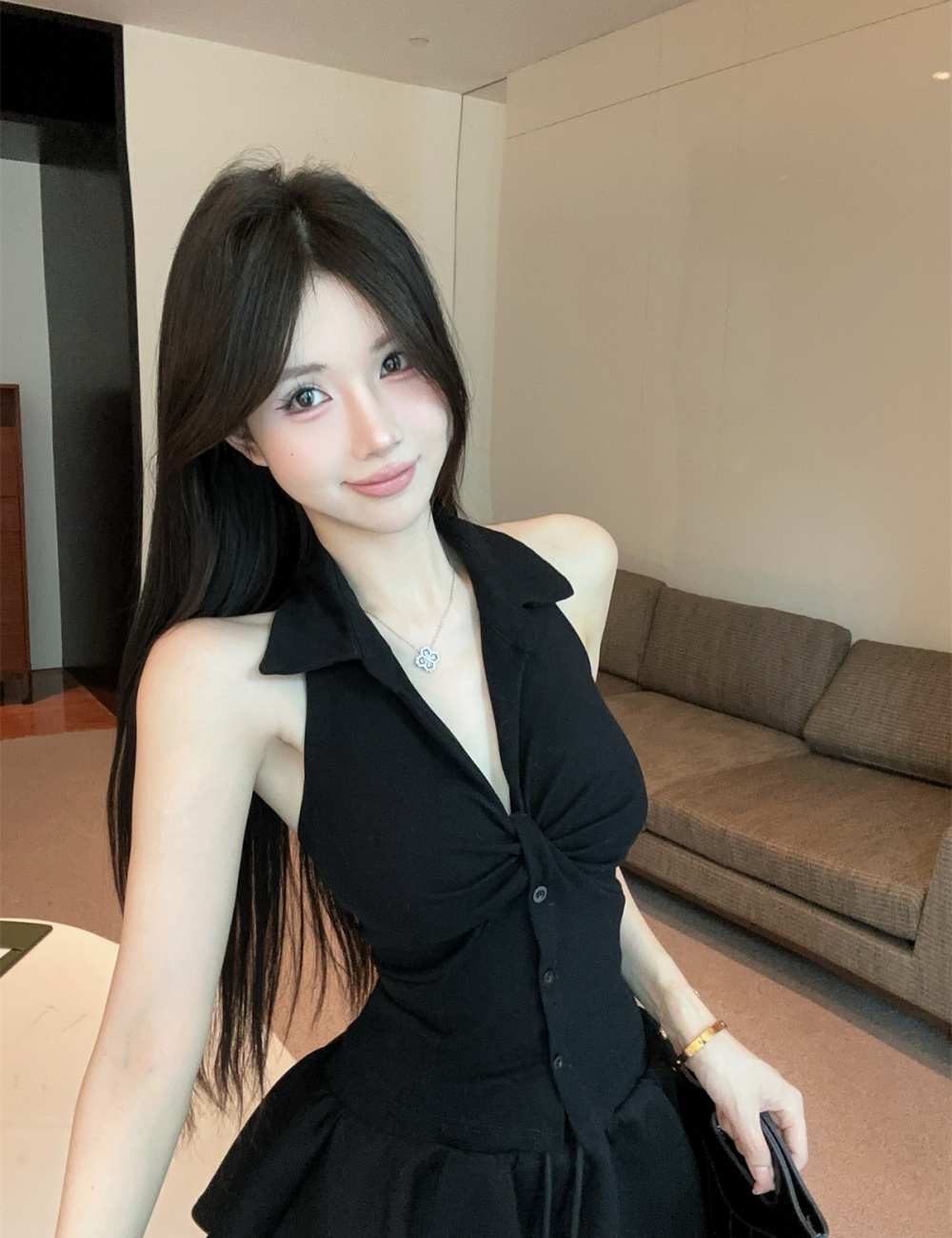 Sleeveless fashion tops V-neck halter shirt 2pcs set for women