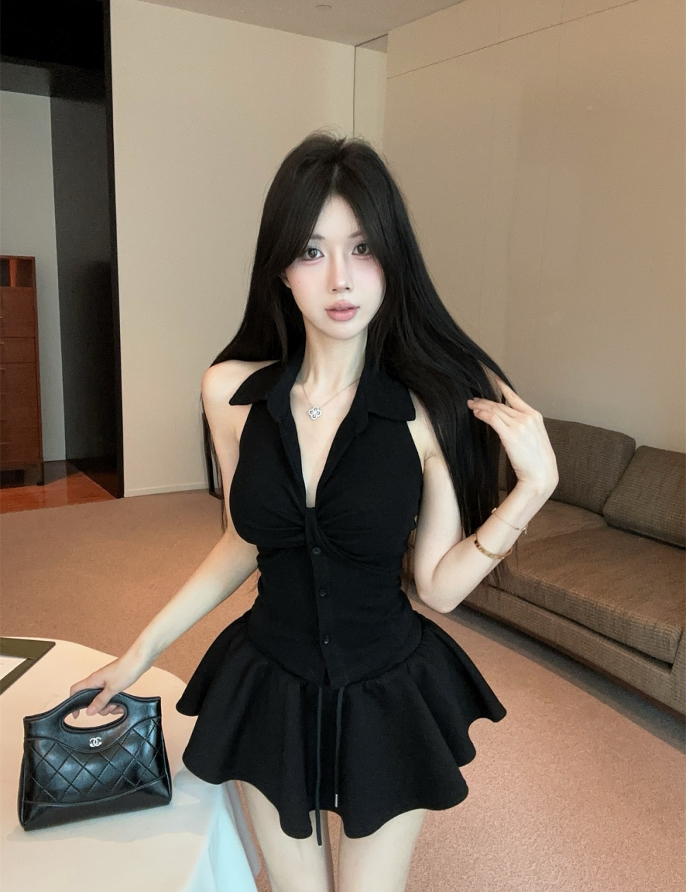 Sleeveless fashion tops V-neck halter shirt 2pcs set for women