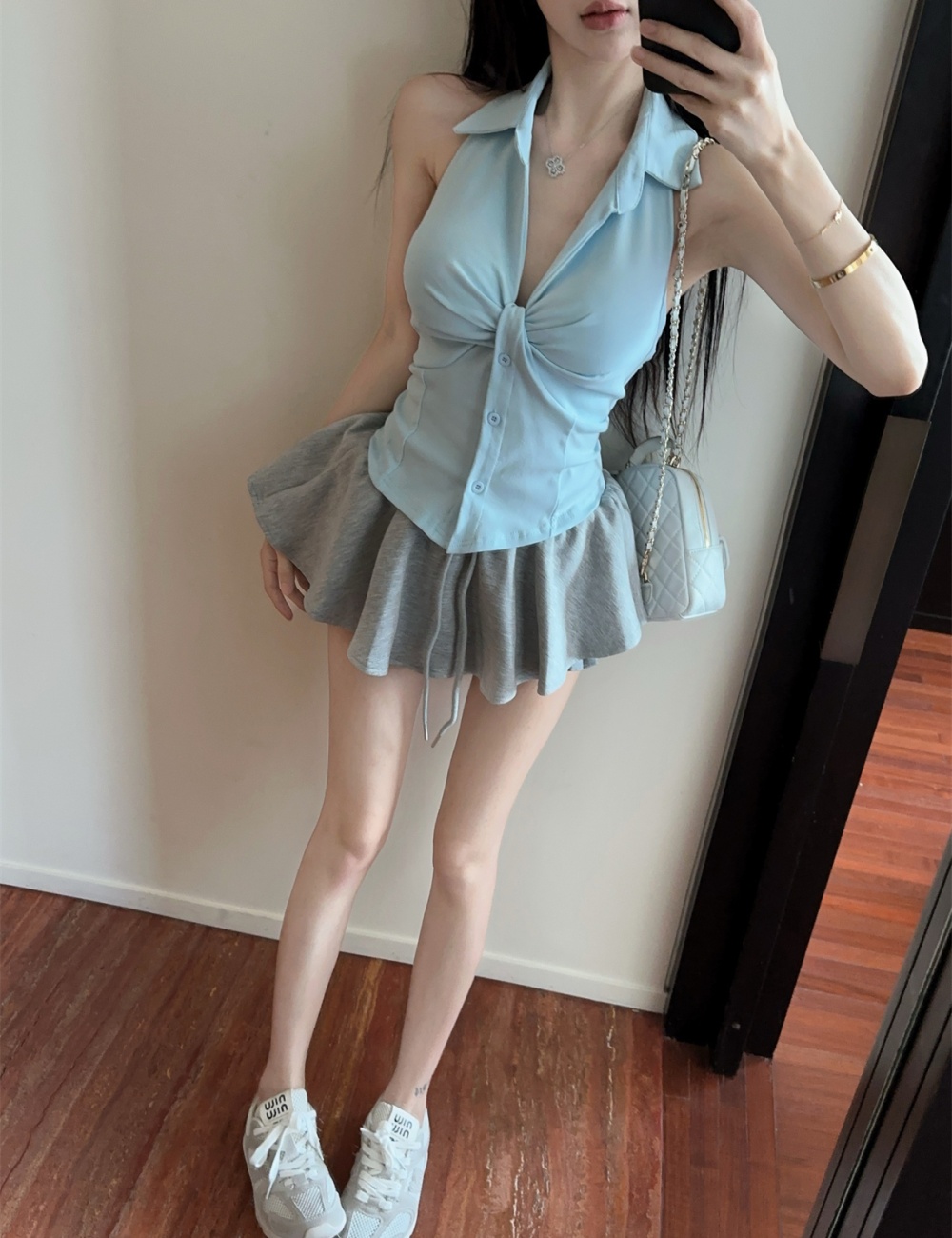 Sleeveless fashion tops V-neck halter shirt 2pcs set for women