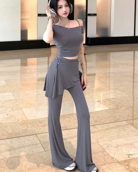 Sloping shoulder tops Casual flare pants 3pcs set