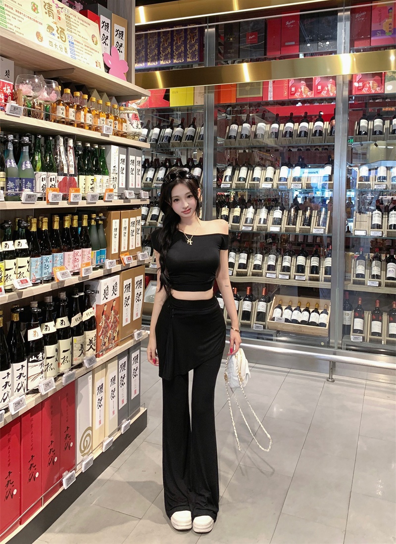 Sloping shoulder tops Casual flare pants 3pcs set