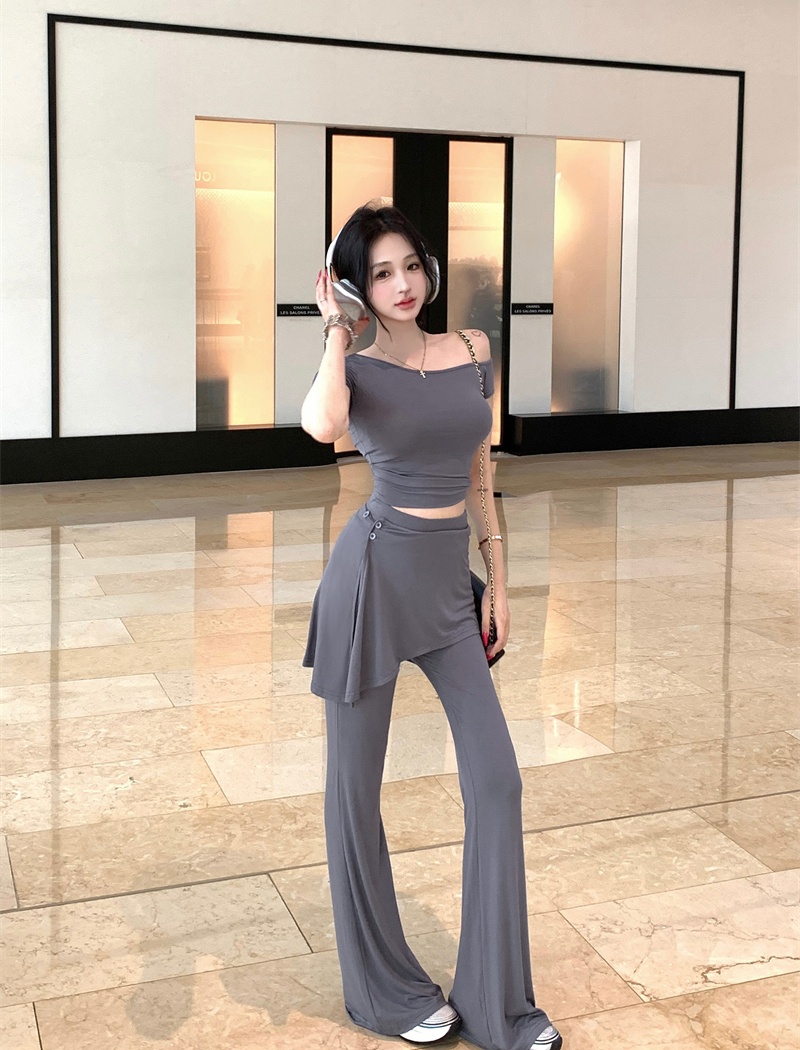 Sloping shoulder tops Casual flare pants 3pcs set