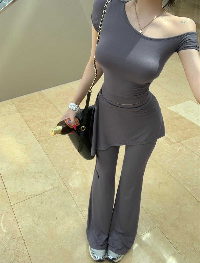 Sloping shoulder tops Casual flare pants 3pcs set