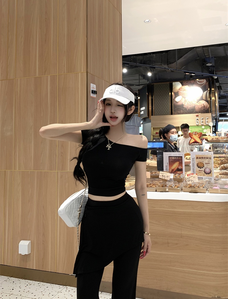 Sloping shoulder tops Casual flare pants 3pcs set