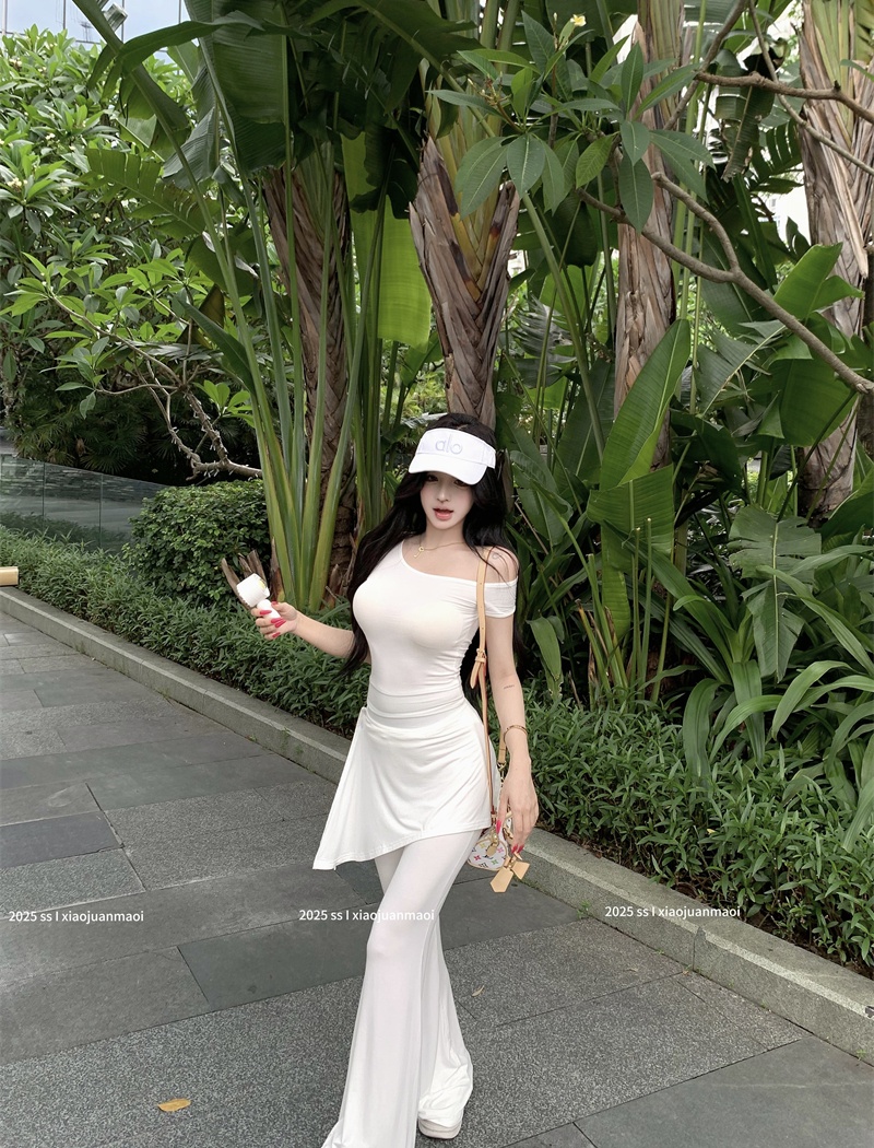 Sloping shoulder tops Casual flare pants 3pcs set