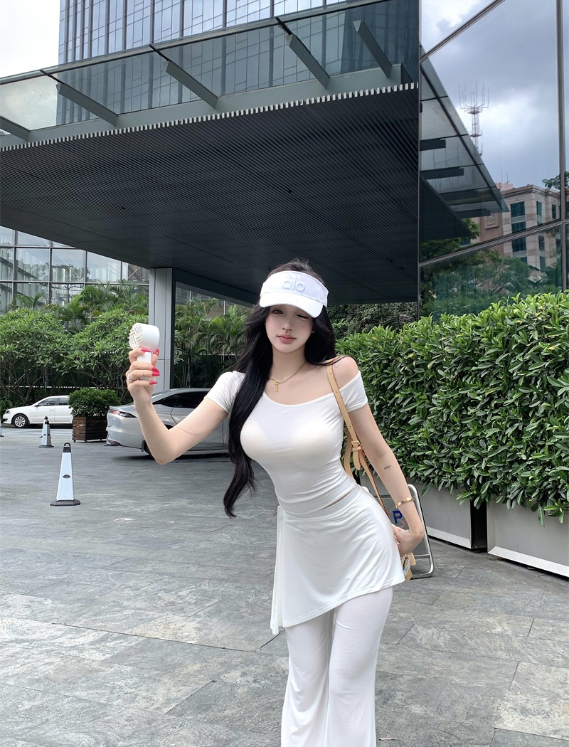 Sloping shoulder tops Casual flare pants 3pcs set
