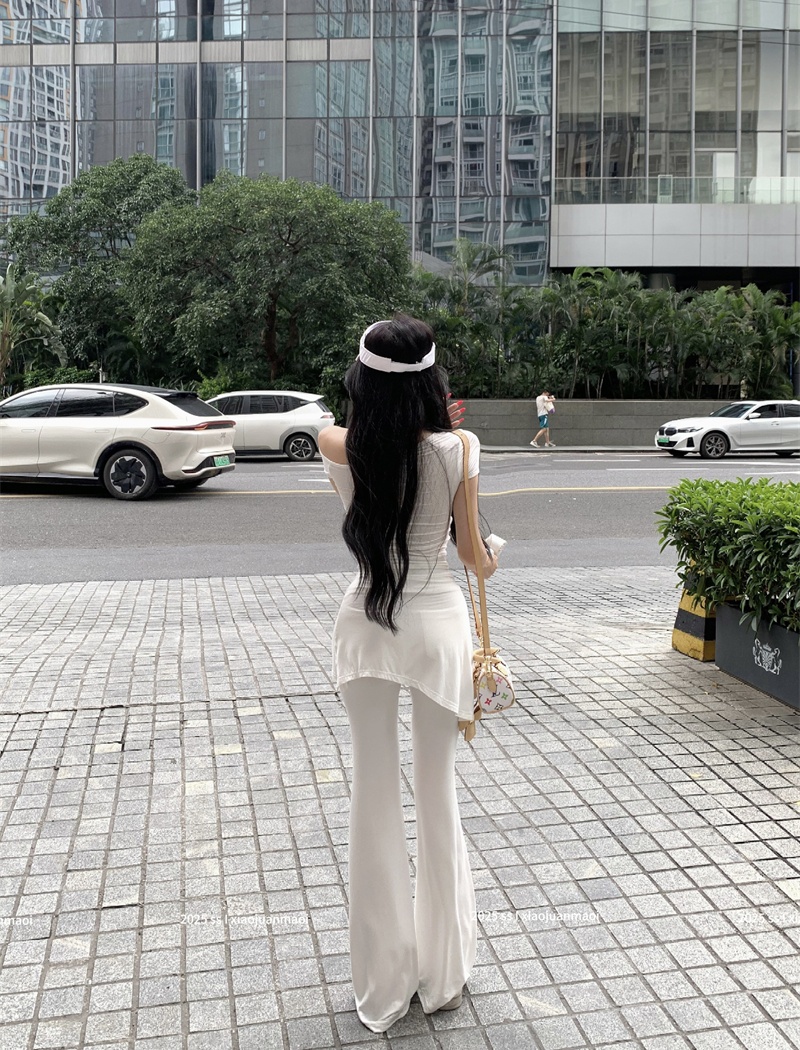 Sloping shoulder tops Casual flare pants 3pcs set