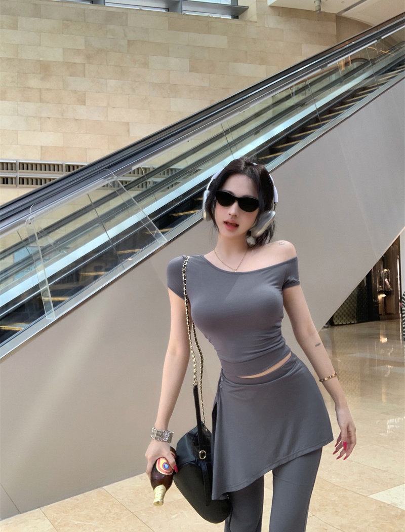 Sloping shoulder tops Casual flare pants 3pcs set