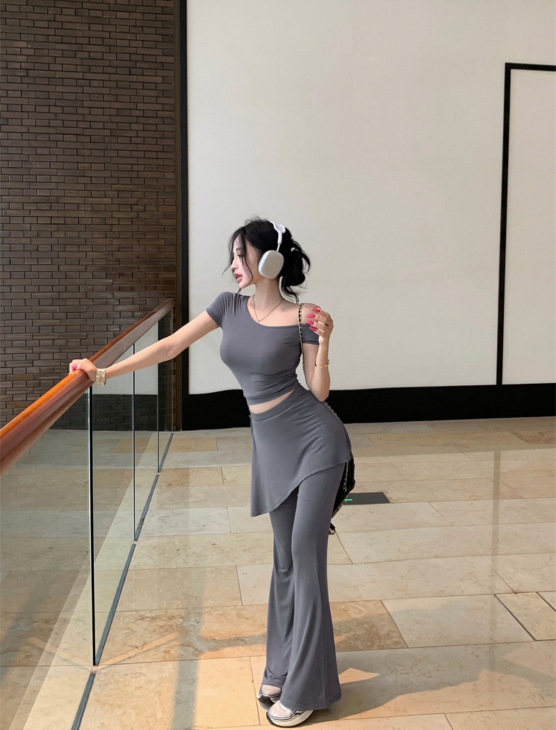 Sloping shoulder tops Casual flare pants 3pcs set