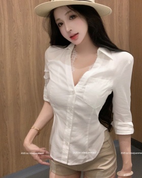 Pseudo-two pinched waist tops short sleeve shirt