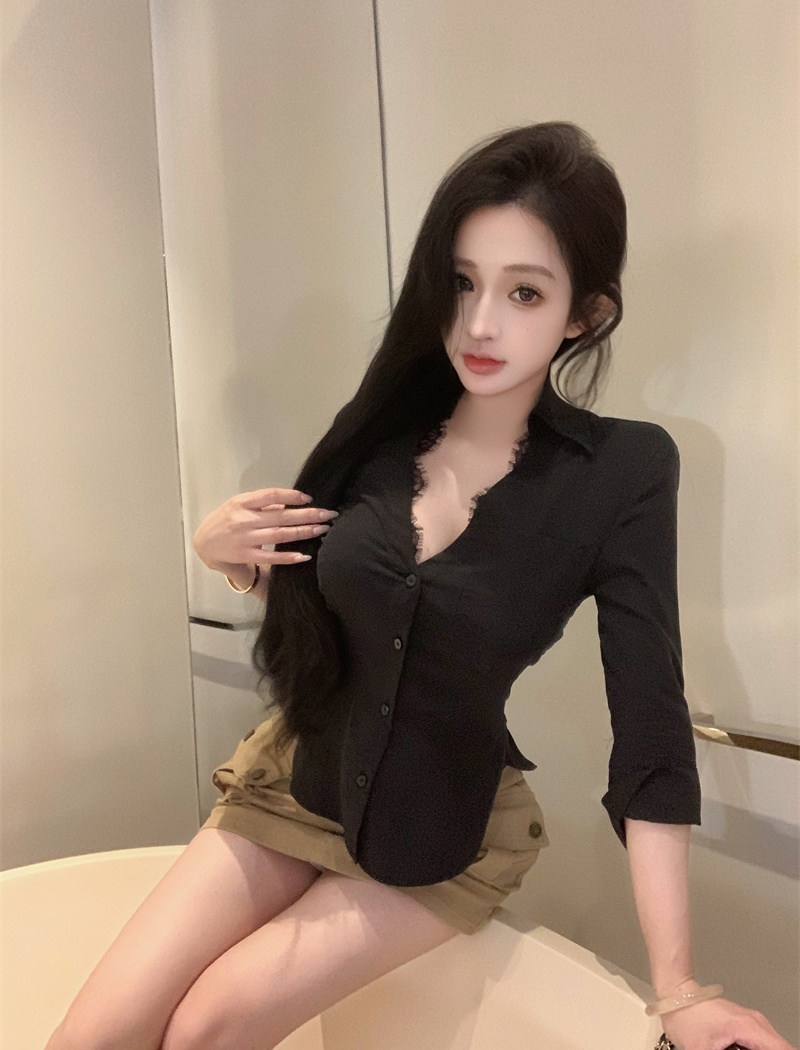 Pseudo-two pinched waist tops short sleeve shirt